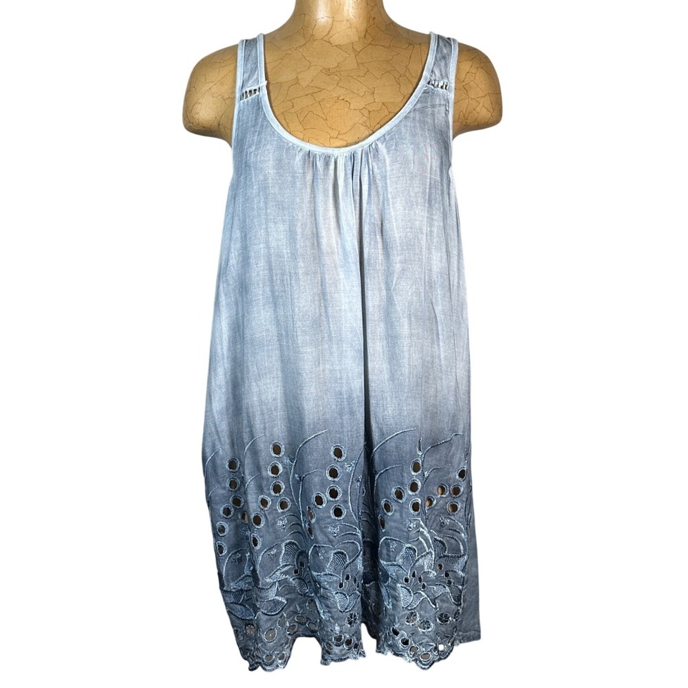 Simply Couture Women Blue Ombre Eyelet Embroidered Cotton Tank‎ Top Tunic Large